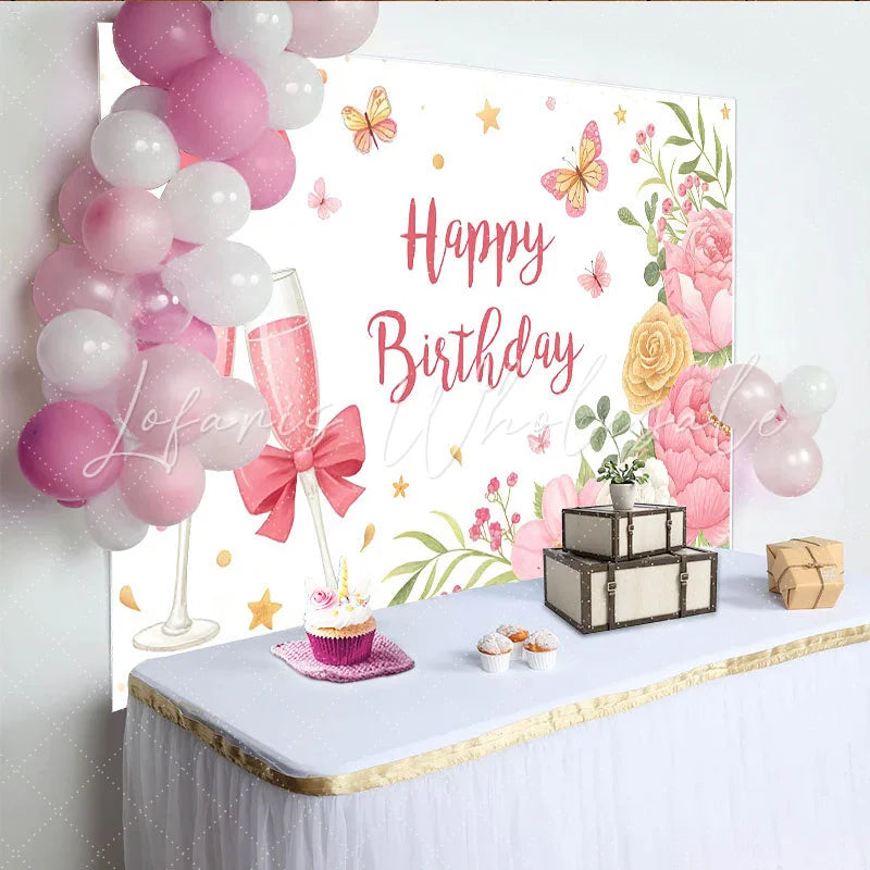 Lofaris Pink Floral Happy Birthday Backdrop with Butterflies and Champagne Glasses Elegant Party Decoration for Photoshoot