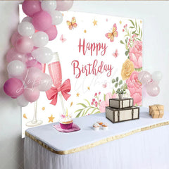 Lofaris Pink Floral Happy Birthday Backdrop with Butterflies and Champagne Glasses Elegant Party Decoration for Photoshoot