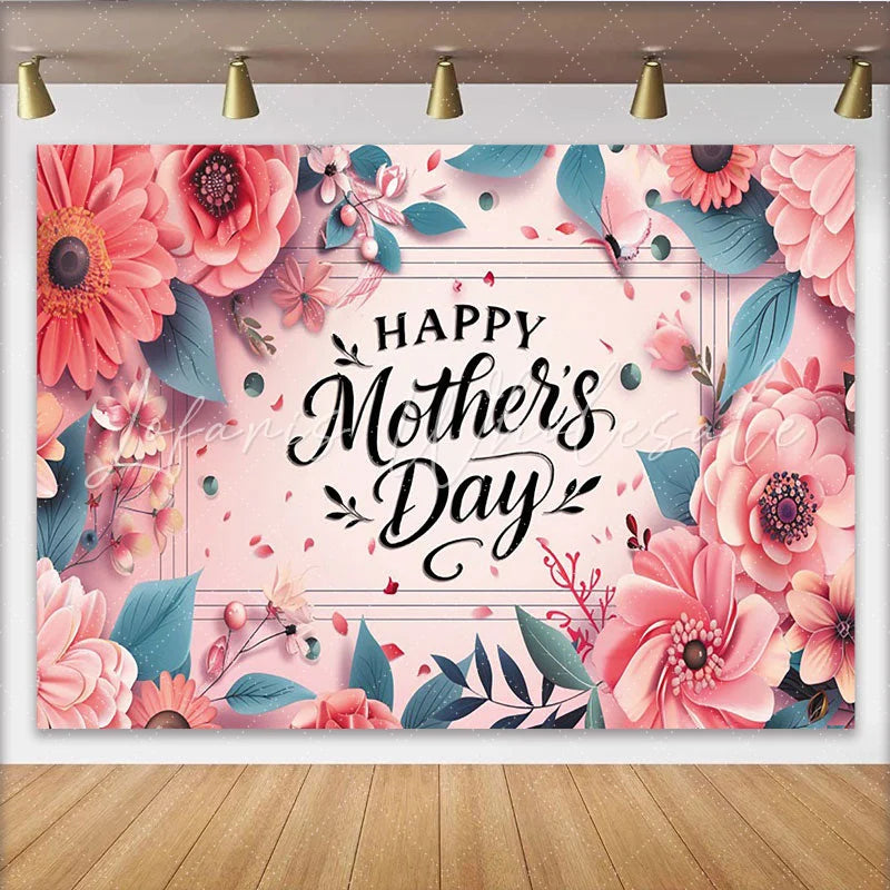 Lofaris Pink Floral Happy Mothers Day Backdrop with Butterflies Elegant Photography Background for Celebration Party