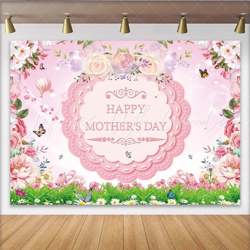 Lofaris Pink Floral Happy Mothers Day Backdrop with Butterflies Green Grass Spring Celebration Photography Background for Party Decor