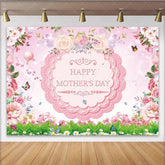Lofaris Pink Floral Happy Mothers Day Backdrop with Butterflies Green Grass Spring Celebration Photography Background for Party Decor