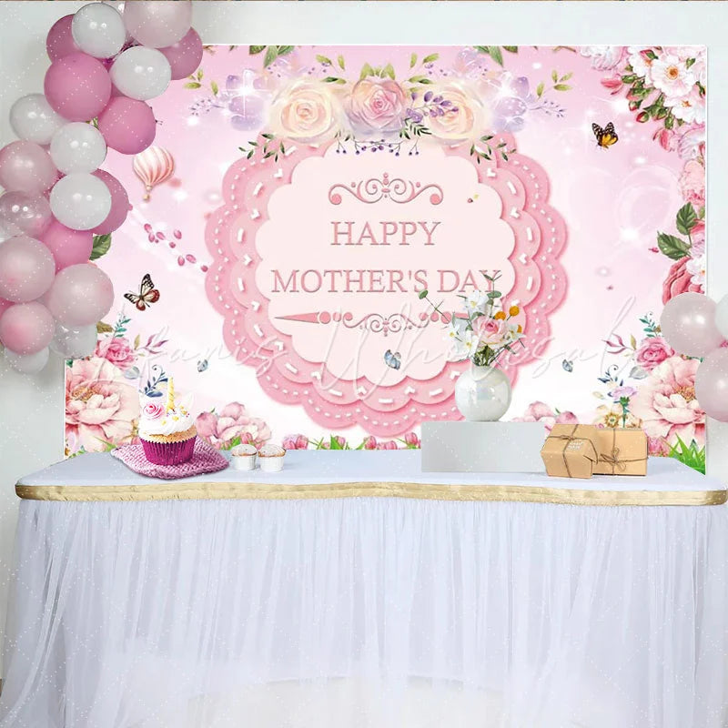 Lofaris Pink Floral Happy Mothers Day Backdrop with Butterflies Green Grass Spring Celebration Photography Background for Party Decor