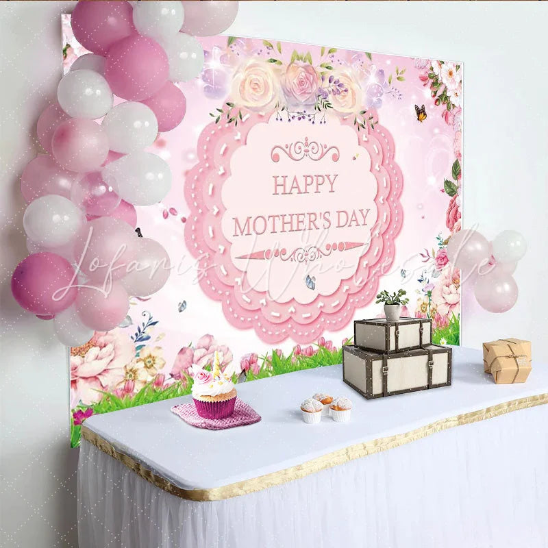 Lofaris Pink Floral Happy Mothers Day Backdrop with Butterflies Green Grass Spring Celebration Photography Background for Party Decor