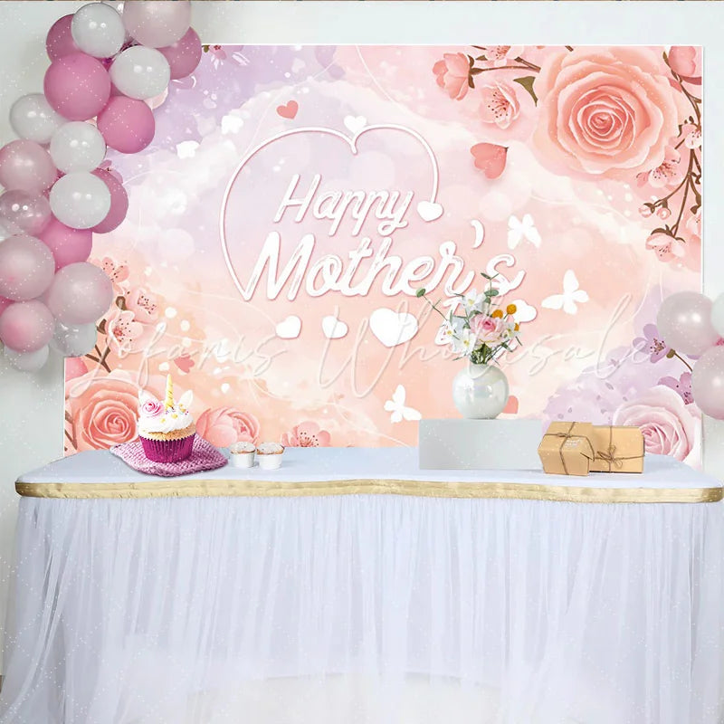 Lofaris Pink Floral Happy Mothers Day Backdrop with Roses Elegant Photo Background for Family Celebration Party Decor