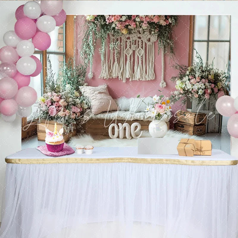 Lofaris Pink Floral Macrame 1st Birthday Backdrop for Girl Elegant Photo Background for Cake Smash and Studio Photography.