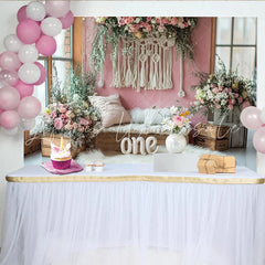 Lofaris Pink Floral Macrame 1st Birthday Backdrop for Girl Elegant Photo Background for Cake Smash and Studio Photography.