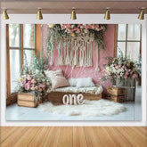 Lofaris Pink Floral Macrame 1st Birthday Backdrop for Girl Elegant Photo Background for Cake Smash and Studio Photography.