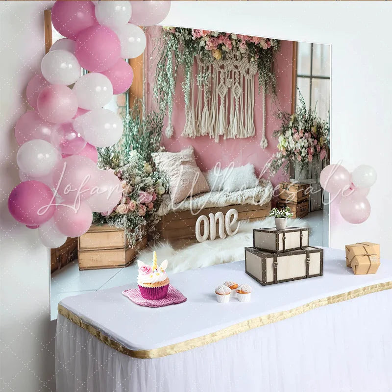 Lofaris Pink Floral Macrame 1st Birthday Backdrop for Girl Elegant Photo Background for Cake Smash and Studio Photography.