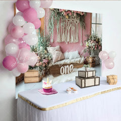 Lofaris Pink Floral Macrame 1st Birthday Backdrop for Girl Elegant Photo Background for Cake Smash and Studio Photography.