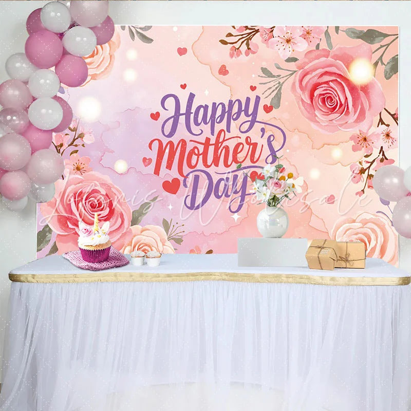Lofaris Pink Floral Mothers Day Backdrop with Roses and Cherry Blossoms Elegant Background for Festive Celebration Decor