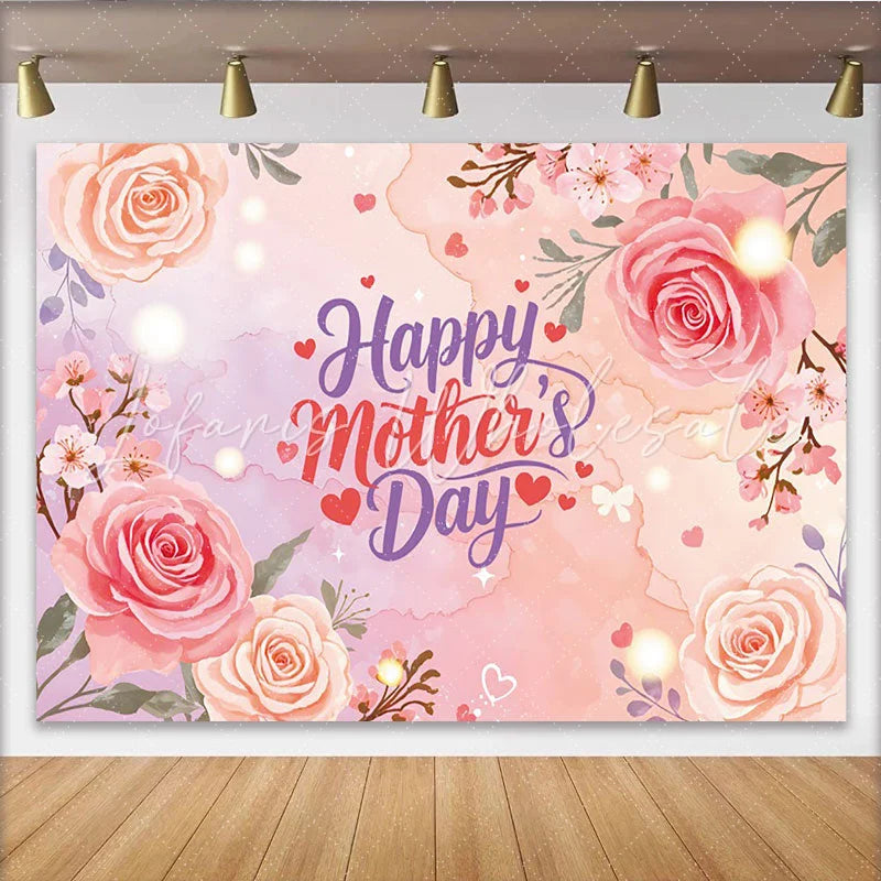 Lofaris Pink Floral Mothers Day Backdrop with Roses and Cherry Blossoms Elegant Background for Festive Celebration Decor