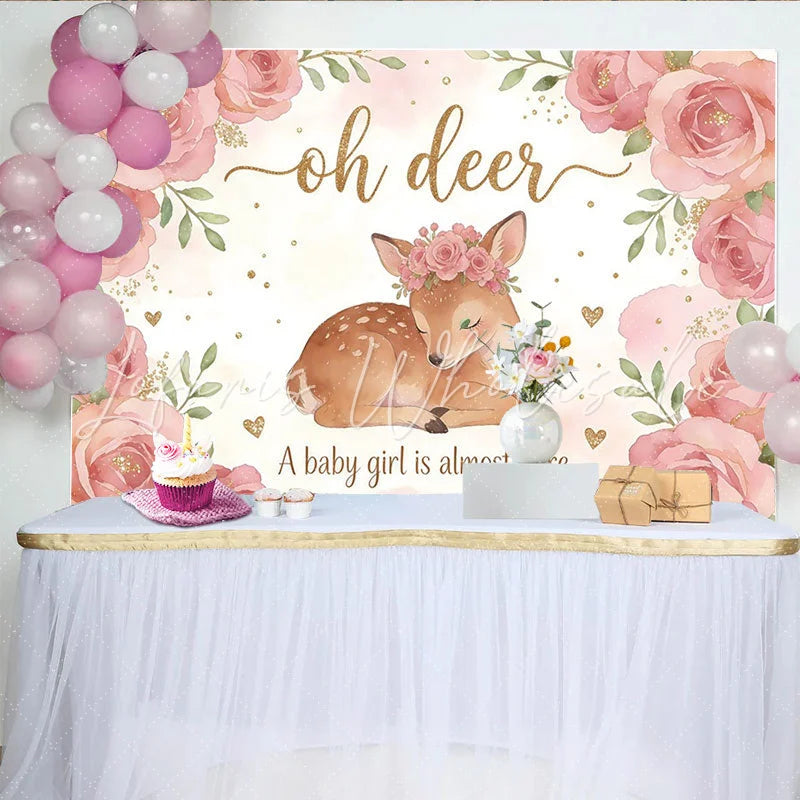 Lofaris Pink Floral Oh Deer Baby Girl Baby Shower Backdrop Cute Woodland Animal Photography Background for Party Decor