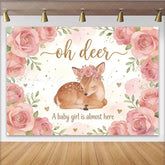 Lofaris Pink Floral Oh Deer Baby Girl Baby Shower Backdrop Cute Woodland Animal Photography Background for Party Decor