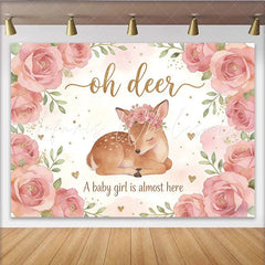 Lofaris Pink Floral Oh Deer Baby Girl Baby Shower Backdrop Cute Woodland Animal Photography Background for Party Decor