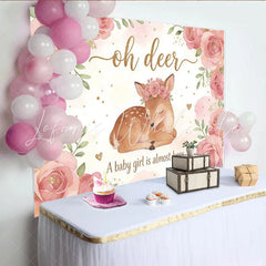 Lofaris Pink Floral Oh Deer Baby Girl Baby Shower Backdrop Cute Woodland Animal Photography Background for Party Decor