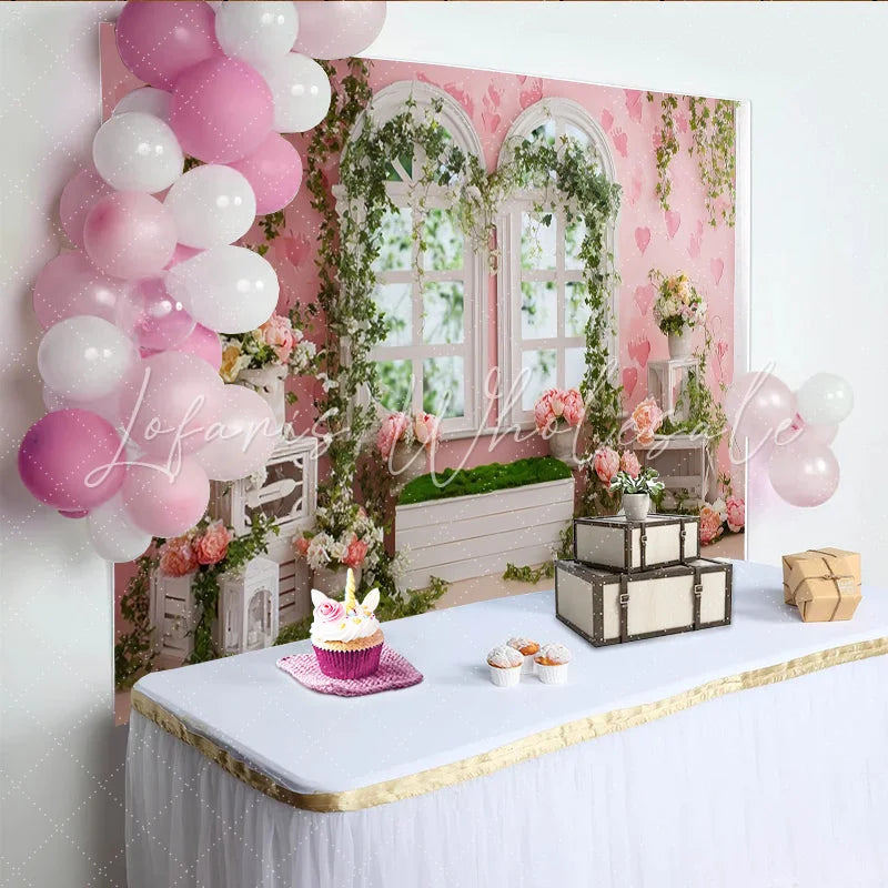 Lofaris Pink Floral Photography Backdrop with Arched Windows and Ivy Romantic Garden Photo Background for Studio Portrait and Event Decor