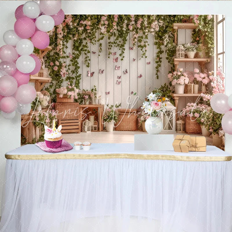 Lofaris Pink Floral Photography Backdrop with Butterflies and Ivy Rustic Wooden Shelf Decor for Studio Photoshoot