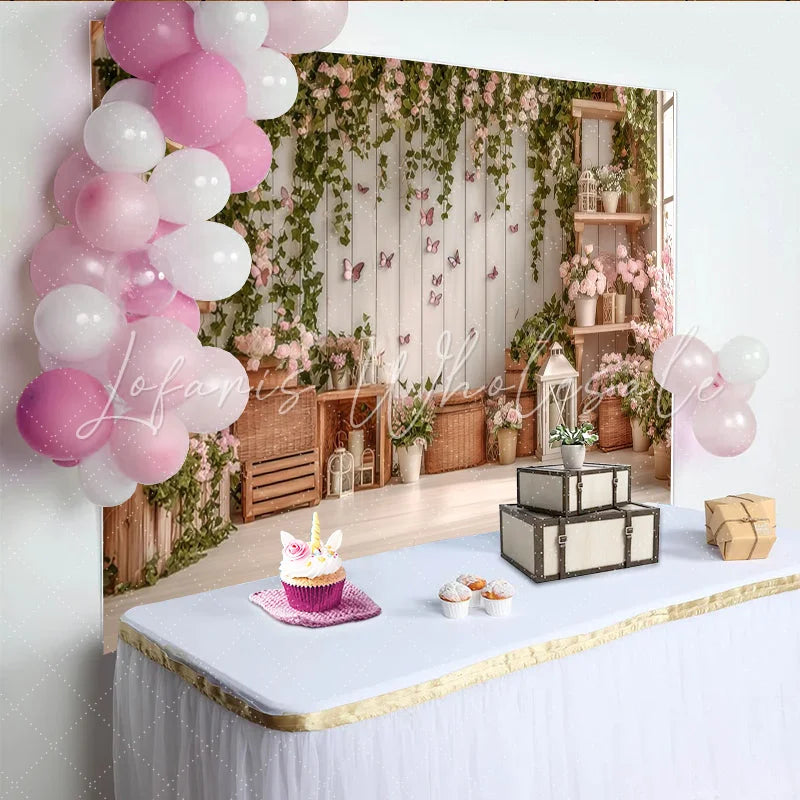 Lofaris Pink Floral Photography Backdrop with Butterflies and Ivy Rustic Wooden Shelf Decor for Studio Photoshoot