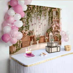 Lofaris Pink Floral Photography Backdrop with Butterflies and Ivy Rustic Wooden Shelf Decor for Studio Photoshoot