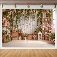 Lofaris Pink Floral Photography Backdrop with Butterflies and Ivy Rustic Wooden Shelf Decor for Studio Photoshoot