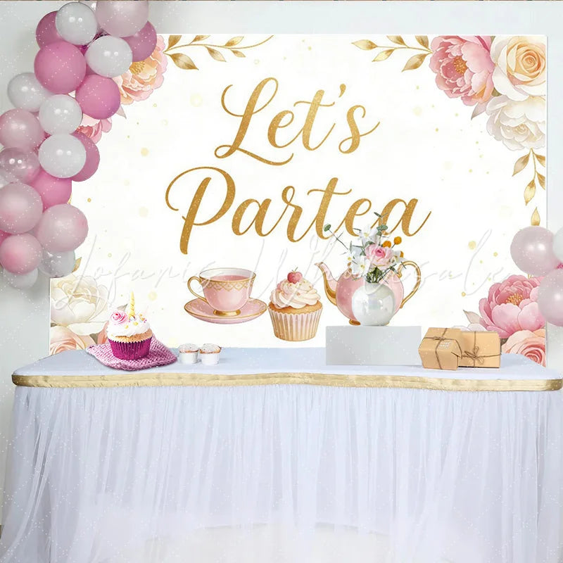 Lofaris Pink Floral Tea Party Birthday Backdrop with Golden Let’s Partea Text Elegant Photo Background for Girls Celebration and Party Decor