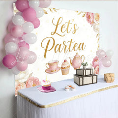 Lofaris Pink Floral Tea Party Birthday Backdrop with Golden Let’s Partea Text Elegant Photo Background for Girls Celebration and Party Decor