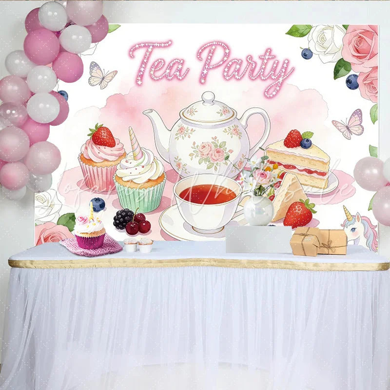 Lofaris Pink Floral Tea Party Birthday Backdrop with Unicorn and Sweets Elegant Dessert Table Background for Girls Party Decoration