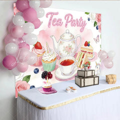 Lofaris Pink Floral Tea Party Birthday Backdrop with Unicorn and Sweets Elegant Dessert Table Background for Girls Party Decoration