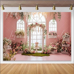 Lofaris Pink Floral Wedding Backdrop with Arched Windows and Lush Roses Elegant Garden Party Decor for Engagement Photoshoot