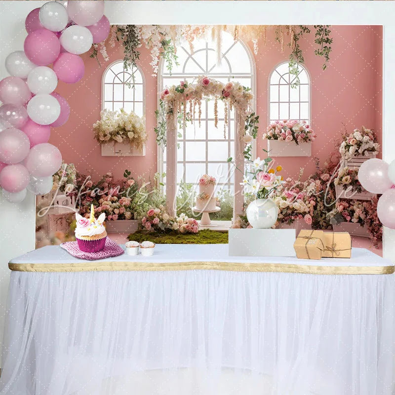 Lofaris Pink Floral Wedding Backdrop with Arched Windows and Lush Roses Elegant Garden Party Decor for Engagement Photoshoot