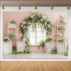 Lofaris Pink Floral Window Photography Backdrop with Green Vines and Roses Elegant Studio Background for Portrait Photoshoot