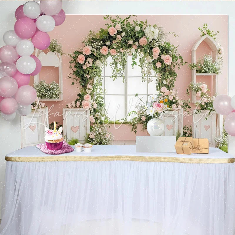 Lofaris Pink Floral Window Photography Backdrop with Green Vines and Roses Elegant Studio Background for Portrait Photoshoot