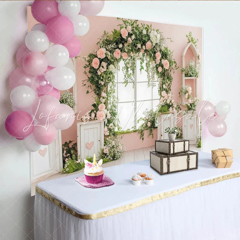 Lofaris Pink Floral Window Photography Backdrop with Green Vines and Roses Elegant Studio Background for Portrait Photoshoot