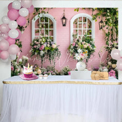 Lofaris Pink Floral Window Photography Backdrop with Hanging Lanterns Elegant Garden Wall Decor for Professional Portrait