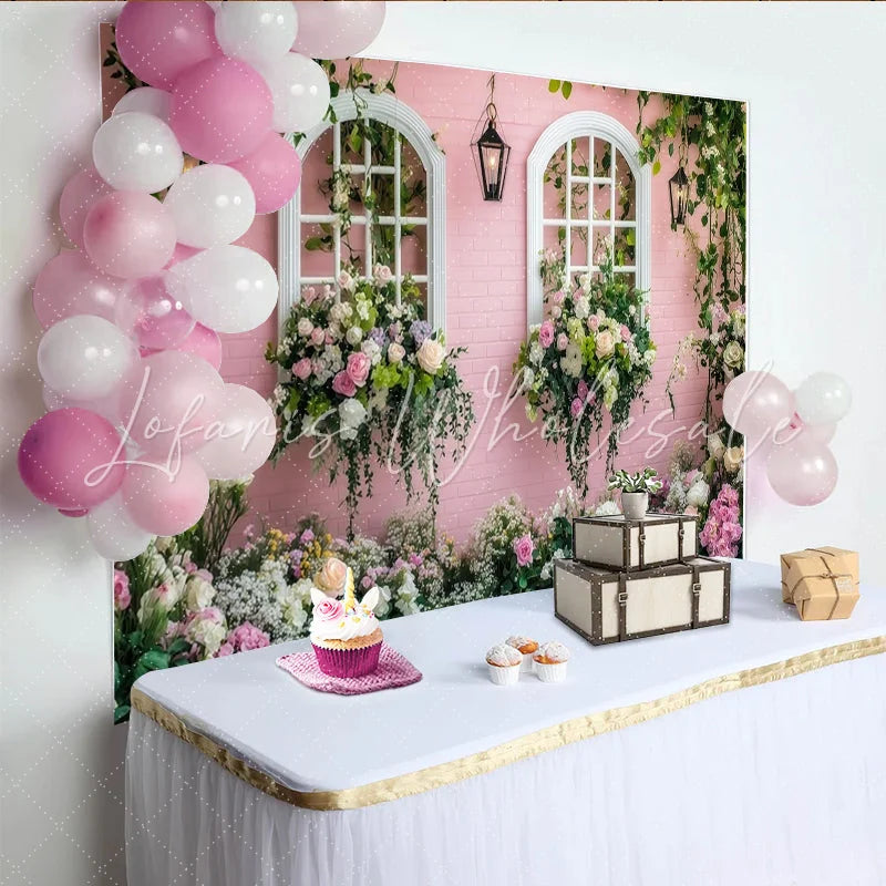 Lofaris Pink Floral Window Photography Backdrop with Hanging Lanterns Elegant Garden Wall Decor for Professional Portrait