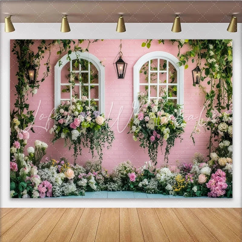 Lofaris Pink Floral Window Photography Backdrop with Hanging Lanterns Elegant Garden Wall Decor for Professional Portrait