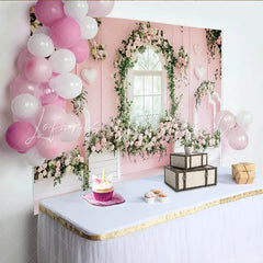 Lofaris Pink Floral Window Photography Backdrop with Roses and Green Vines Elegant Studio Background for Romantic Photoshoot and Party Decor