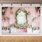 Lofaris Pink Floral Window Photography Backdrop with Roses and Green Vines Elegant Studio Background for Romantic Photoshoot and Party Decor