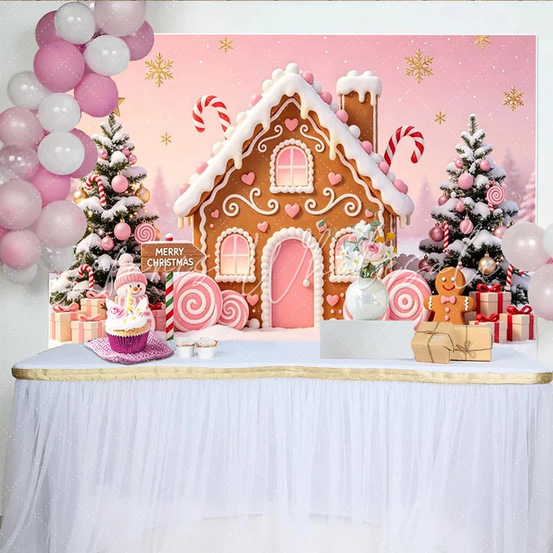 Lofaris Pink Gingerbread House Christmas Backdrop with Snowman and Candy Canes Festive Winter Holiday Photography Background Decor