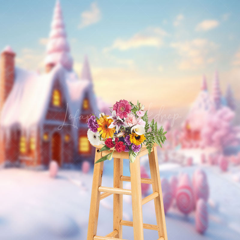 Lofaris Pink Gingerbread House Sweetie Candy Winter Backdrop