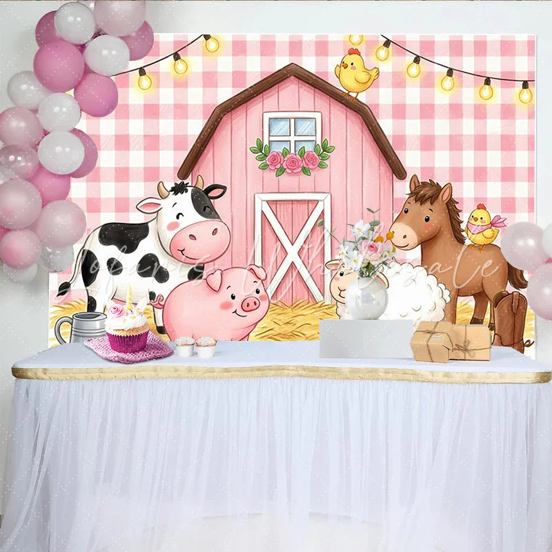 Lofaris Pink Gingham Farm Animal Birthday Backdrop with Barn and Lights Adorable Photo Booth Props for Kids Party Decoration