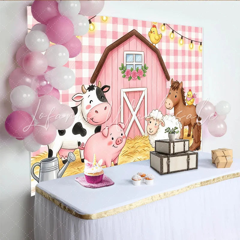 Lofaris Pink Gingham Farm Animal Birthday Backdrop with Barn and Lights Adorable Photo Booth Props for Kids Party Decoration