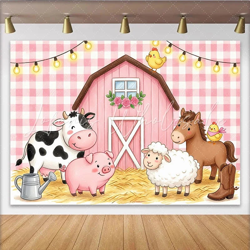 Lofaris Pink Gingham Farm Animal Birthday Backdrop with Barn and Lights Adorable Photo Booth Props for Kids Party Decoration