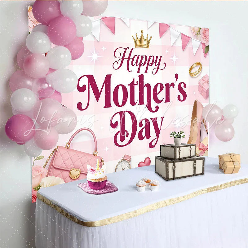 Lofaris Pink Gingham Happy Mother’s Day Backdrop with Roses and Golden Crown Elegant Photography Background for Celebration