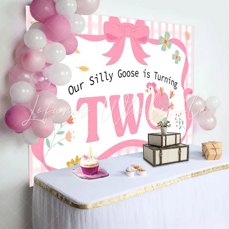 Lofaris Pink Gingham Silly Goose is Turning Two Birthday Backdrop Adorable Floral Baby Girl Party Decor