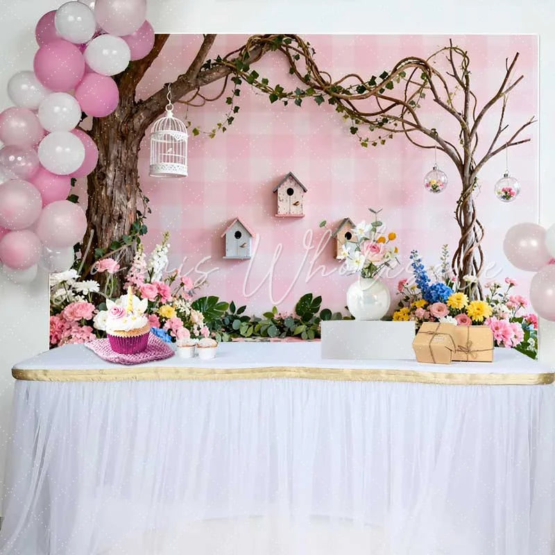 Lofaris Pink Gingham Spring Backdrop with Lush Flowers Birdhouses and Whimsical Trees Enchanting Garden Party Decor