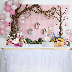 Lofaris Pink Gingham Spring Backdrop with Lush Flowers Birdhouses and Whimsical Trees Enchanting Garden Party Decor