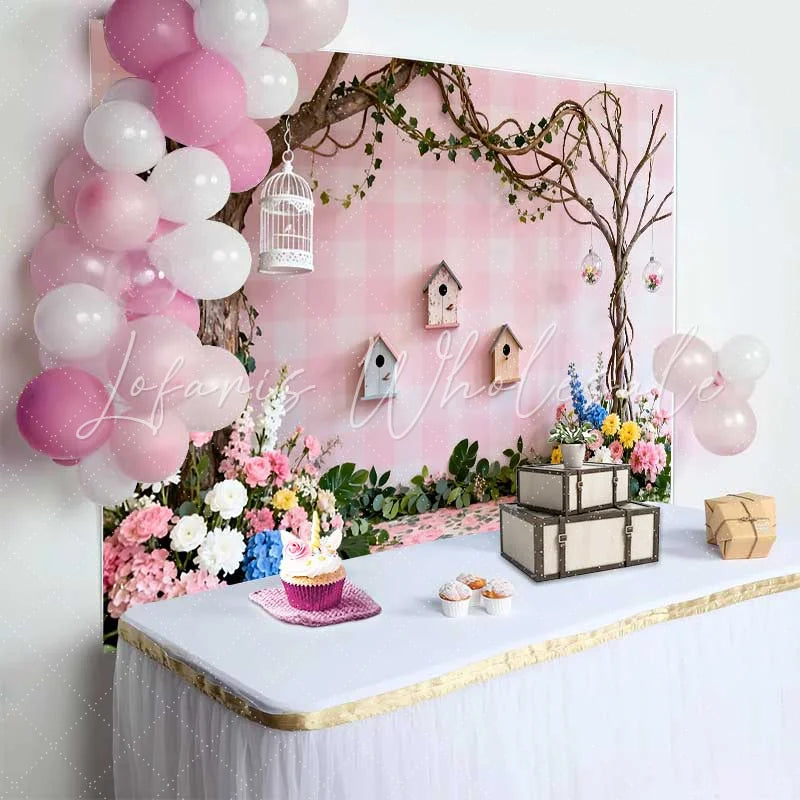 Lofaris Pink Gingham Spring Backdrop with Lush Flowers Birdhouses and Whimsical Trees Enchanting Garden Party Decor
