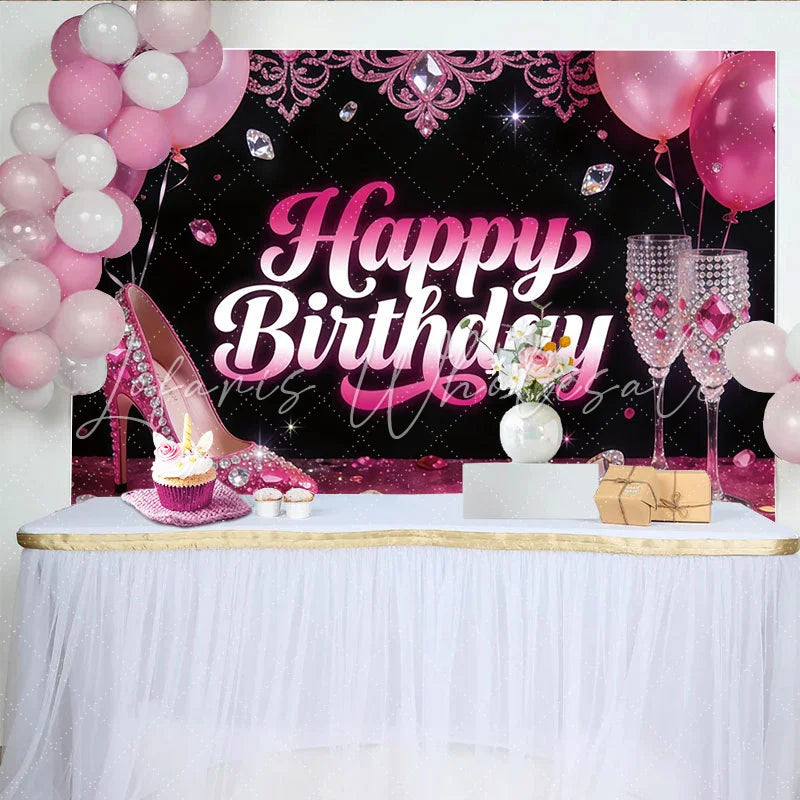 Lofaris Pink Glam Birthday Backdrop with High Heels and Champagne Glasses Sparkling Party Background for Women’s Celebration Photoshoot