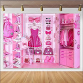 Lofaris Pink Glamour Fashion Closet Backdrop with Glitter Dress and Accessories Luxurious Studio Background for Girls Party and Photoshoot